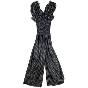 Max Studio Jumpsuit Size S Women Black Polka Dot Smocked Waist V-Neck Wide Leg